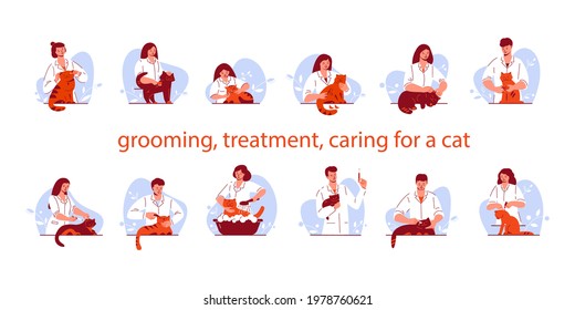 Treatment, pet care concept. Veterinarian in uniform with a cat. Set of vector illustrations in flat cartoon style.