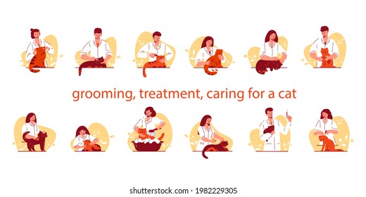 Treatment, pet care concept. Veterinarian in uniform with a cat. Set of vector illustrations in flat cartoon style.