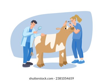 Treatment of pets. Medicine for livestock. Veterinarians conduct a medical examination and treatment of the cow. Veterinary assistance