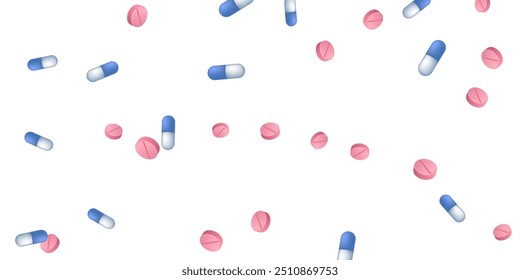 Treatment pills medical vector illustration. Capsule drugs and tablets disease prescription elements. Blue white and pink  capsules, emergency treatment or vitamins. Chemical tablets concept.