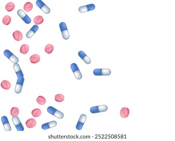 Treatment pills medical vector illustration. Capsule drugs and tablets disease prescription elements. Blue white and pink pills, first aid treatment or vitamins. Antibiotic tablets concept.