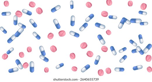 Treatment pills medical vector illustration. Capsule drugs and tablets illness prescription elements. Blue white and pink  capsules, emergency treatment or vitamins. Vitamin drugs.