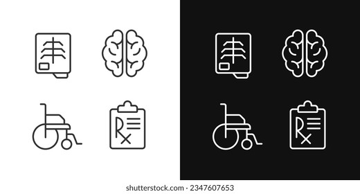 Treatment pixel perfect linear icons set for dark, light mode. Medical checkup and tests. Recovery clinic. Healthcare. Thin line symbols for night, day theme. Isolated illustrations. Editable stroke