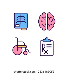 Treatment pixel perfect RGB color icons set. Medical checkup and tests. Recovery clinic. Healthcare service. Isolated vector illustrations. Simple filled line drawings collection. Editable stroke