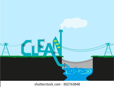 Treatment Plant or Factory Beside a Dam in stylized Clean typography. Editable Clip Art.
