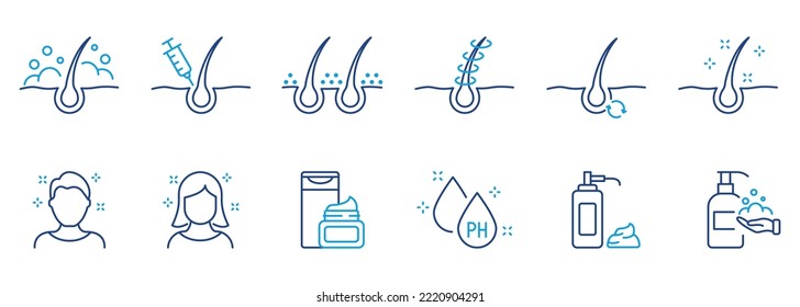 Treatment and Problem of Hair. Hair Beauty Care Line Icons. Hair Care and Loss Problem. Cosmetic Products for Hairstyle Color Outline Icons. Editable Stroke. Isolated Vector Illustration.