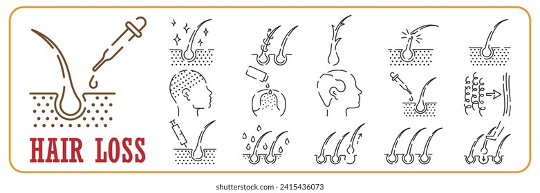 Treatment and Problem of Hair. Hair Beauty Care Line Icon set. Hair Care and Loss Problem. Cosmetic Products for Hairstyle Color Outline Icons. Isolated Vector Illustration