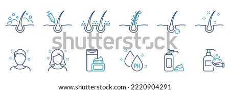 Treatment and Problem of Hair. Hair Beauty Care Line Icons. Hair Care and Loss Problem. Cosmetic Products for Hairstyle Color Outline Icons. Editable Stroke. Isolated Vector Illustration.