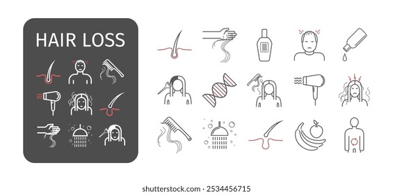 Treatment and Problem of Hair. Hair Care. Loss Problem. Hair fall icons. Line icons. Vector signs for web