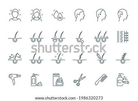 Treatment and Problem of Hair. Hair Care and Loss Problem. Shampoo, Dandruff, Haircut, Growth and Alopecia Line Icon. Barbershop Tools Flat Linear Icons. Editable stroke. Vector illustration.