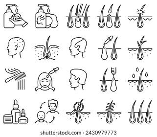 Treatment and Problem of Hair. Thin line icons. Problems of baldness and hair restoration. Hair care, loss problem and  hair transplantation.  Isolated vector illustration. Editable Stroke.