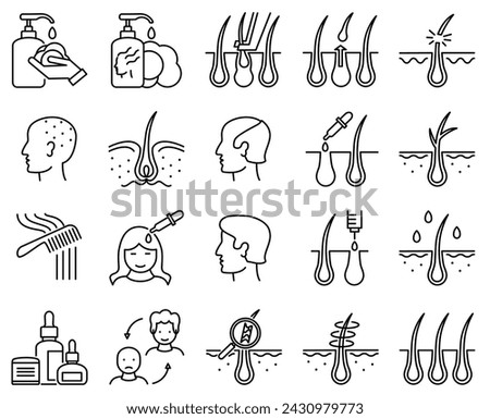 Treatment and Problem of Hair. Thin line icons. Problems of baldness and hair restoration. Hair care, loss problem and  hair transplantation.  Isolated vector illustration. Editable Stroke.