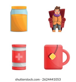Treatment process icons set cartoon vector. Sick man, honey jar and tea cup. Cold season, disease