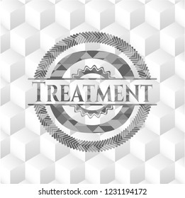 Treatment realistic grey emblem with cube white background