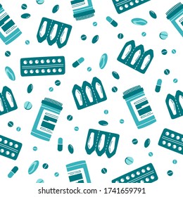 Treatment seamless pattern on white - suppositories, various pills or drugs, medicine jars. Flat vector illustration in cartoon style.