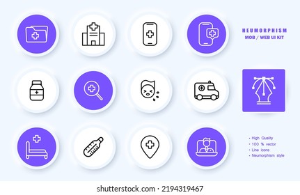 Treatment Set Icon. Disease History, Hospital, Call Doctor, Consultation, Jar, Magnifier, Cough, Ambulance, Emergency Room, Thermometer, Map Pointer. Healthcare Concept. Neomorphism. Vector Line Icon.