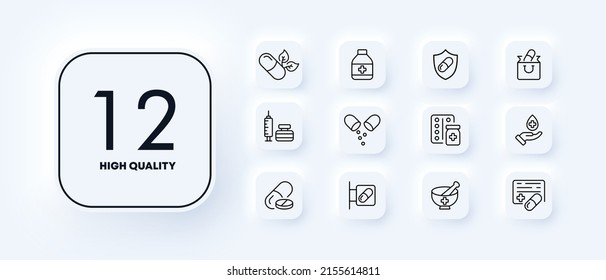 Treatment set icon. Pills, hospital, prescription, doctor, pharmacy, medicine, etc. Health care concept. Neomorphism style. Vector line icon for Business and Advertising