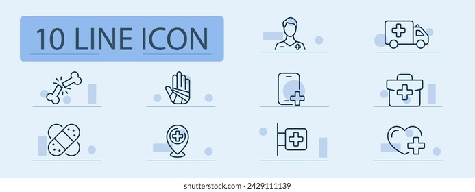 Treatment set line icon. Hospital treatment, medical care, fracture, smartphone, plus, patch, bone. Pastel color background. Vector line icon for business and advertising