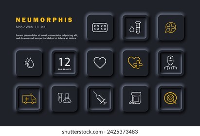 Treatment set line icon. Pills, doctor, hearts, plus, syringe, flask, ambulance, drop. Neomorphism style. Vector line icon for business and advertising
