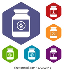 Treatment solution for animals icons set rhombus in different colors isolated on white background