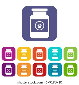 Treatment solution for animals icons set vector illustration in flat style In colors red, blue, green and other