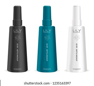 Treatment spray cosmetic bottles set. Cosmetic container mockups in black, white and green colors. 3d vector illustration design with sample label and logo.