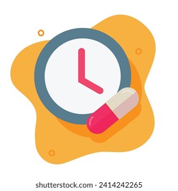 Treatment or take medicine time reminder icon vector flat cartoon graphic illustration, pharmacy medication history symbol with pill tablet dose and clock watch image clipart design