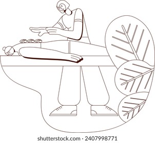 Treatment and therapy with  hot stones in SPA with professional massage therapis.  Contour drawing. Isolated vector illustration.