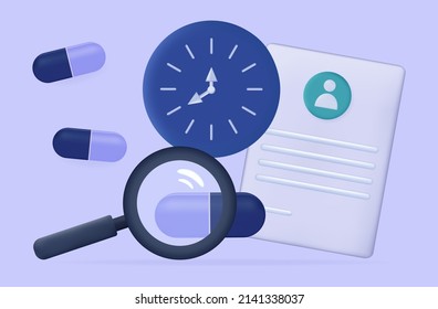 Treatment time, pill, clock, 3d. Tablets and capsules, instructions for use. Concept of health, pharmacy, medicine, checking the correct dosage. Reminder of timely treatment. Pill intake hours. Vector