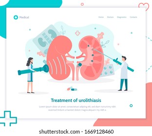 Treatment of urolithiasis. Doctors perform lithotripsy. Removal of kidney stones. Landing page template. Medical flat vector illustration.
