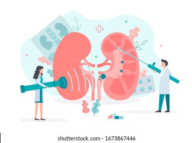 Treatment of urolithiasis. Doctors perform lithotripsy. Removal of kidney stones. Medical concept with tiny people. Flat vector illustration.