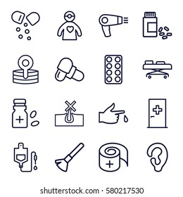treatment vector icons. Set of 16 treatment outline icons such as aid post, hair dryer, ear, shaving brush, no hair in skin, drop counter, pill, medicine, injured finger