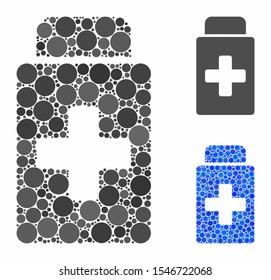 Treatment vial mosaic of spheric dots in various sizes and color hues, based on treatment vial icon. Vector dots are combined into blue mosaic. Dotted treatment vial icon in usual and blue versions.