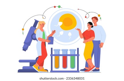 Treatment for young family concept. Doctor consults couple, man and woman. Character in medical uniform helps patients with fertilization, treats reproductive system. Cartoon flat vector illustration