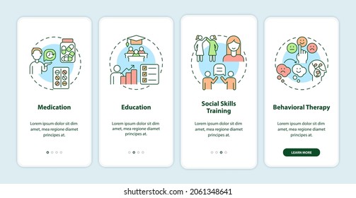 Treatments for ADHD in adults onboarding mobile app page screen. Behavioral therapy walkthrough 4 steps graphic instructions with concepts. UI, UX, GUI vector template with linear color illustrations