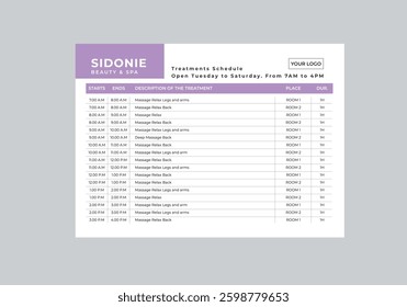 Treatments Schedule, Event Schedule layout design template with unique design style concept	
