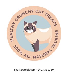 Treats without artificial additives, enriched with taurine for heart health cats. Delicious crispy, environmentally friendly. Promotional banner or advertising, label or emblem, vector in flat style