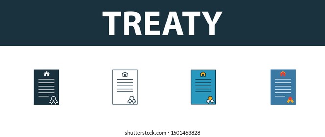 Treaty icon set. Four elements in diferent styles from real estate icons collection. Creative treaty icons filled, outline, colored and flat symbols.