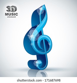 Treble clef 3d blue music design element, vector illustration, image contain transparent shadows reflections and flares  Ã?Â¢?? ready to put over any background.