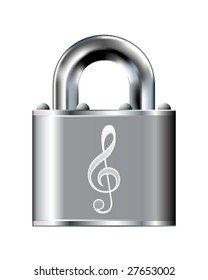 Treble clef or antipiracy icon on stainless steel padlock vector button