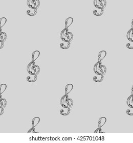 Treble clef black and white seamless background pattern. Hand drawn vector stock illustration