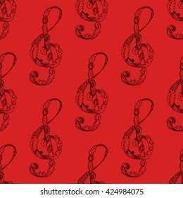 Treble clef colorful seamless red background pattern. Hand drawn vector stock illustration