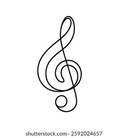 Treble clef continuous one line drawing. Music sign in simple linear style. Vector illustration.