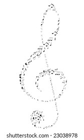 Treble clef design by musical notes on a white background. Isolated vector illustration. Musical element for banner, placard or presentation