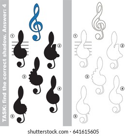 Treble Clef with different shadows to find the correct one, compare and connect object with it true shadow, the educational kid game with simple gaming level.