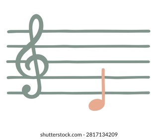 Treble clef and Do musical note on staff, minimal music icon illustration.