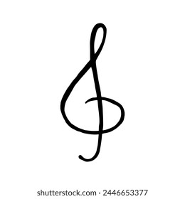 The treble clef in doodle style. Hand made sketch the treble clef. Clipart. Isolated black element on white background.  