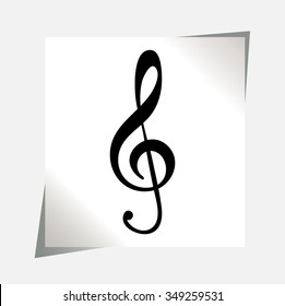 treble clef with drop shadow, on a sheet of paper, white, music, vector