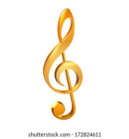 Treble clef golden isolated on white, vector illustration