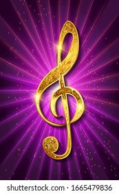 Treble Clef, golden treble clef music signature on purple background. EPS10 compatible.